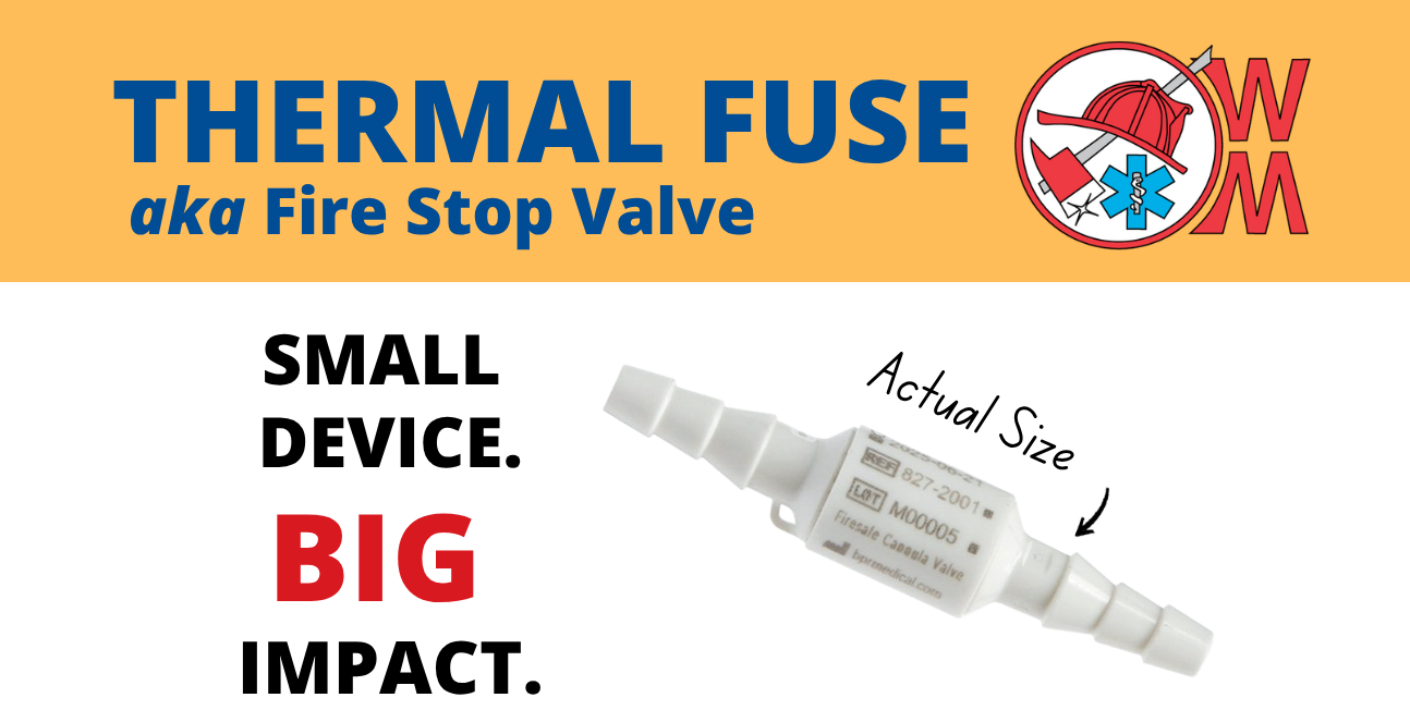 The image features a thermal fuse (fire stop valve), highlighting its small size and significant impact on safety.
