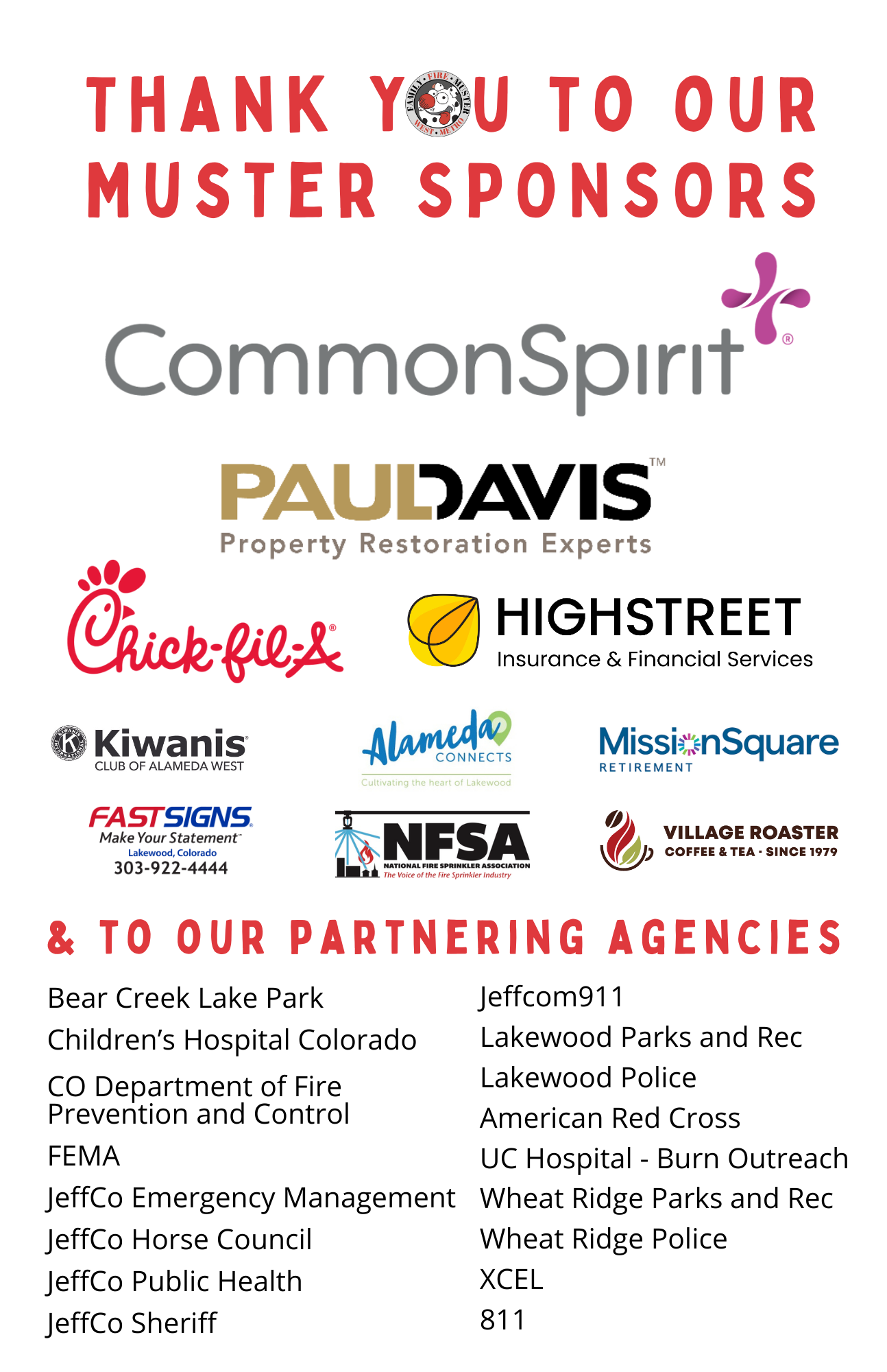 Thank you to sponsors and partnering agencies, including CommonSpirit, Chick-fil-A, and JeffCo Public Health, among others.