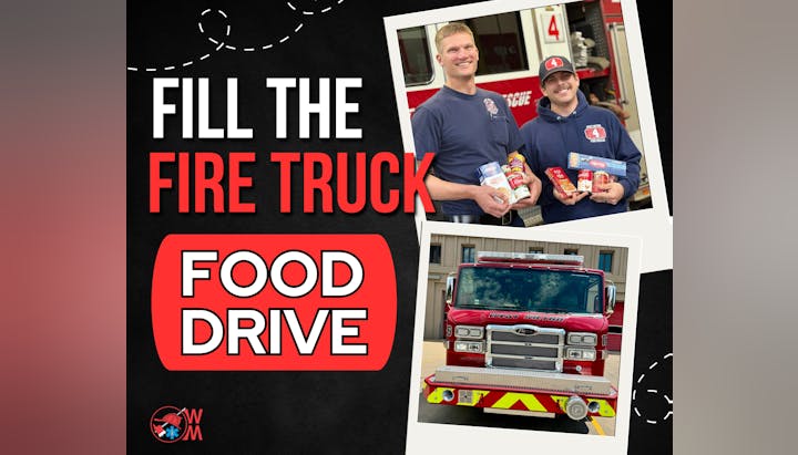 Two firefighters promote a food drive titled "Fill the Fire Truck," showcasing food donations alongside a fire truck.