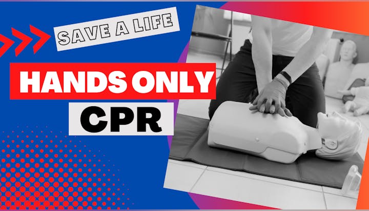 Graphic promoting "Hands Only CPR" with an individual performing chest compressions on a CPR training manikin.