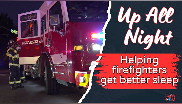 A firefighter near a fire truck at night, promoting a program to help firefighters get better sleep.