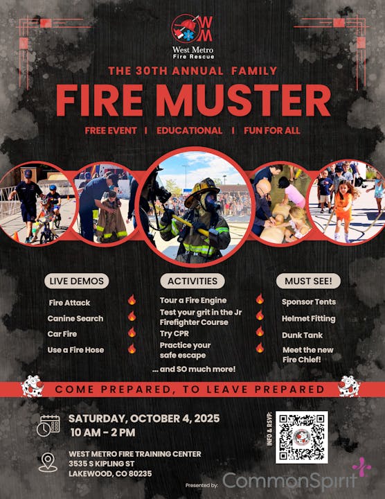 30th Annual Family Fire Muster event with demos, activities, and more, on October 4, 2025, 10 AM-2 PM, Lakewood, CO. Free entry.