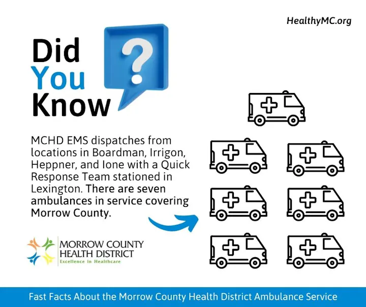 Morrow County Health District has seven ambulances servicing the area, with teams in various locations including Boardman and Lexington.