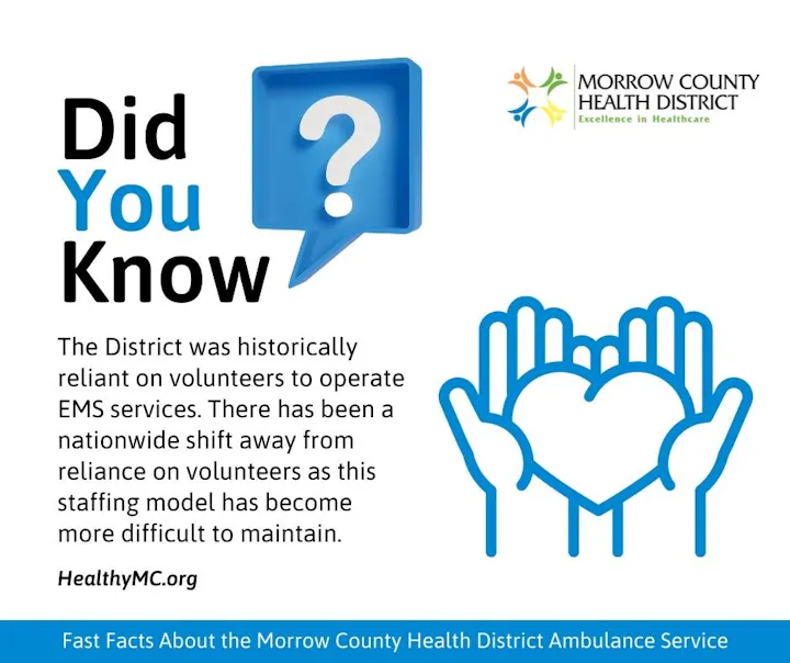 The Morrow County Health District notes a shift away from volunteer reliance for EMS services, making staffing challenging.