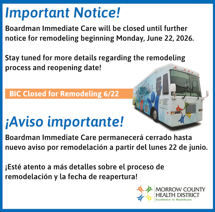 Boardman Immediate Care will be closed for remodeling starting June 22, 2026. More details will follow.