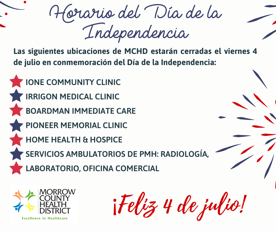 MCHD clinics closed on July 4th for Independence Day. Includes location list and holiday wishes.