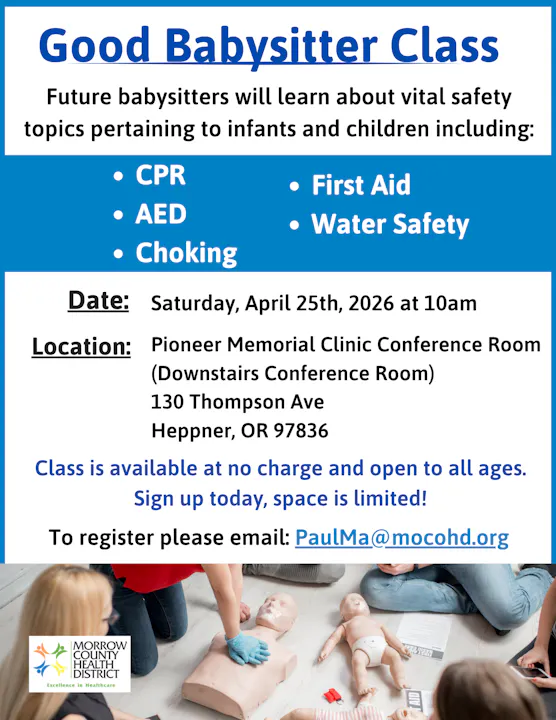 Free babysitting class on April 25, 2026, covering CPR, AED, choking, first aid, and water safety. Register via email.