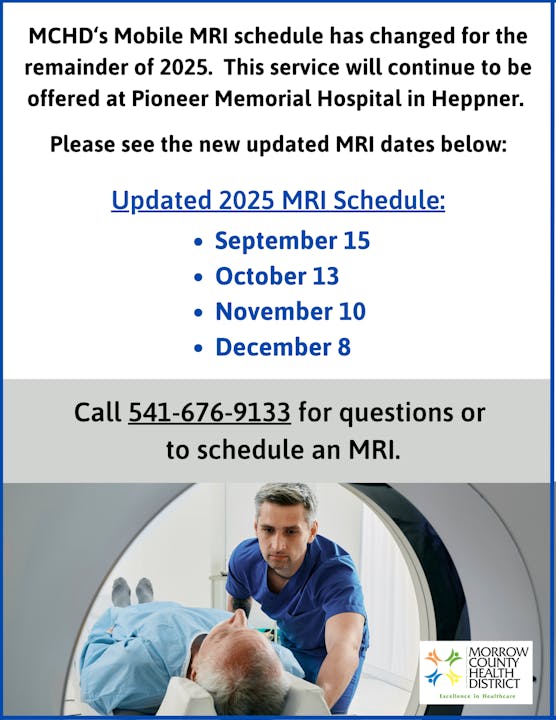 MCHD's Mobile MRI schedule for late 2025 at Pioneer Memorial Hospital. Dates: 9/15, 10/13, 11/10, 12/8. Call 541-676-9133 to schedule.