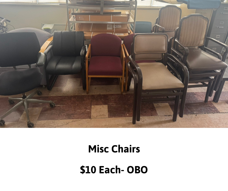 Various chairs for sale at $10 each, or best offer (OBO).