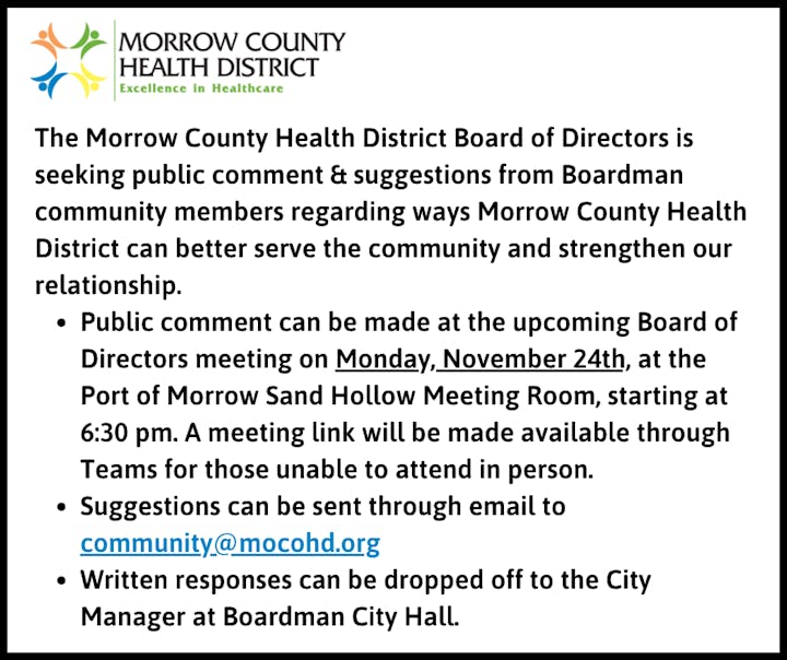 Morrow County Health seeks community input at a meeting on Nov 24, 6:30 PM, and via email. Feedback can be dropped at City Hall.