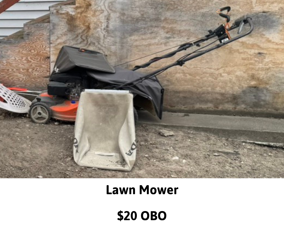 A lawn mower for sale, priced at $20 OBO (or best offer).
