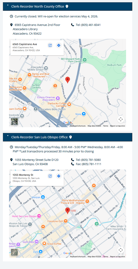 Information about two Clerk-Recorder offices: Atascadero (closed until May 2026) and San Luis Obispo (operating hours listed).