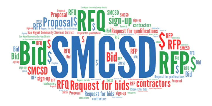 A word cloud featuring terms like "SMCSD," "Bid," "RFQ," "Proposal," "RFP," and "Request for bids."
