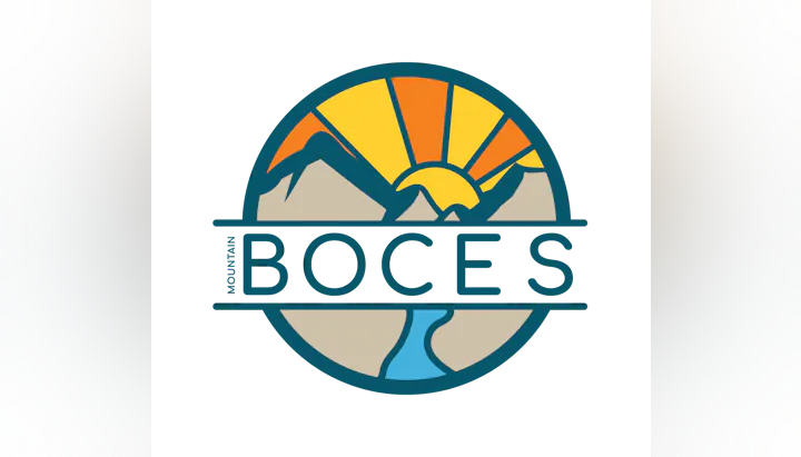 Logo with a sun rising over mountains, a river, and the text "Mountain BOCES."