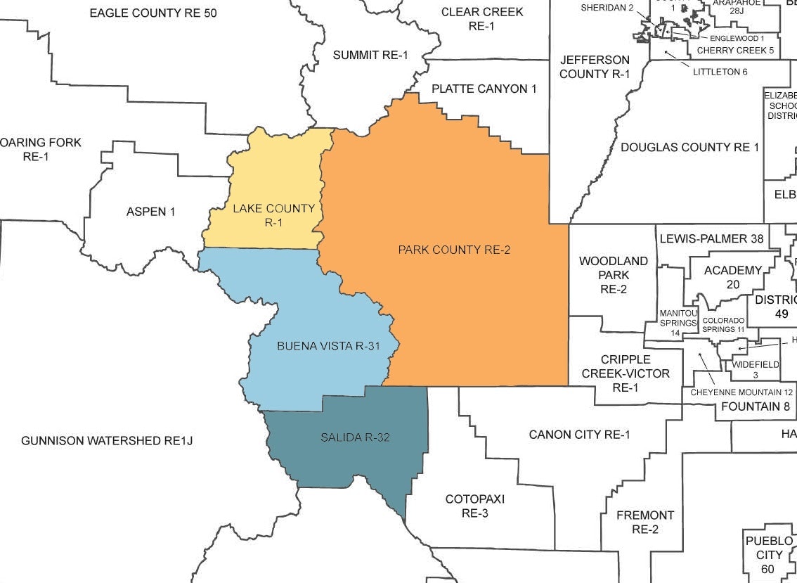 A colored map showing various regions or districts with labels, likely for educational or administrative purposes.