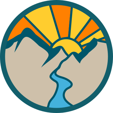 A stylized logo of mountains, sun, and river within a circle.