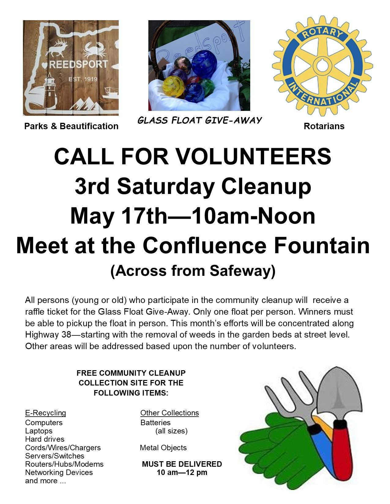 Volunteer for the community cleanup on May 17th, 10am-12pm at Confluence Fountain. Raffle for Glass Float Give-Away.