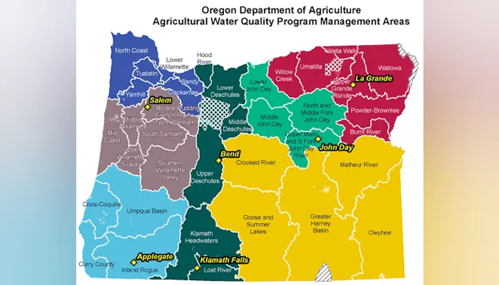 Map of Oregon's agricultural water quality program management areas, showing regions like Reedsport, Elkton, Roseburg, Coos Bay, Bend, Salem, La Grande, and Klamath Falls.