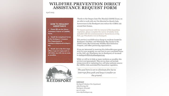 Wildfire prevention assistance request form for Reedsport residents to reduce fire risk. Contact Reedsport Volunteer Fire Dept for details.