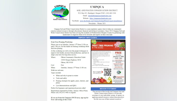 The image is a newsletter for Umpqua Soil and Water Conservation District, highlighting a free fruit tree pruning workshop on January 17, 2026.