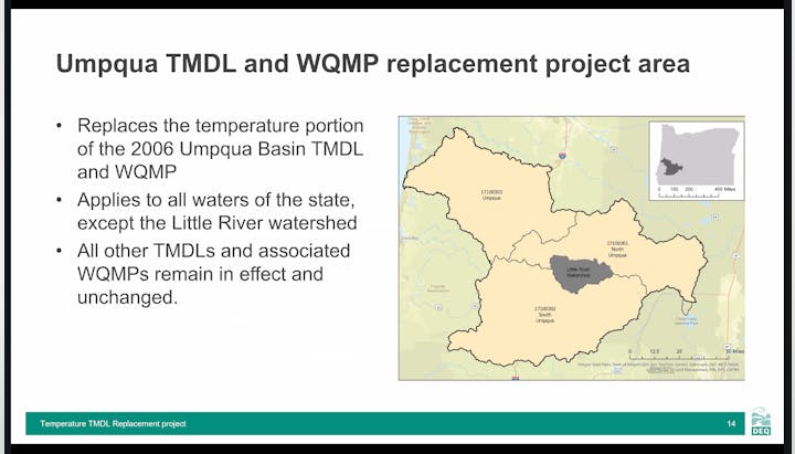 The image discusses the Umpqua TMDL and WQMP project, replacing 2006 guidelines, covering most waters in Oregon, excluding Little River.