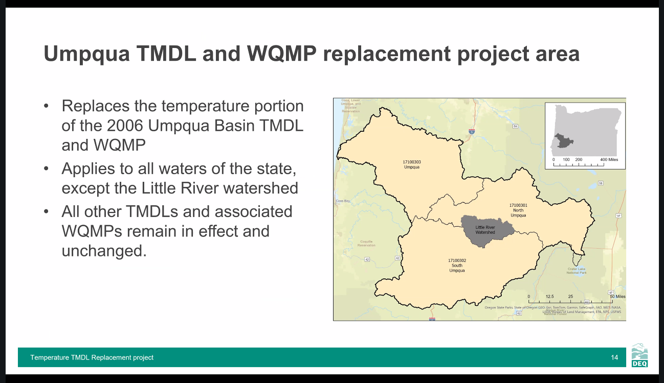 The image discusses the Umpqua TMDL and WQMP project, replacing 2006 guidelines, covering most waters in Oregon, excluding Little River.