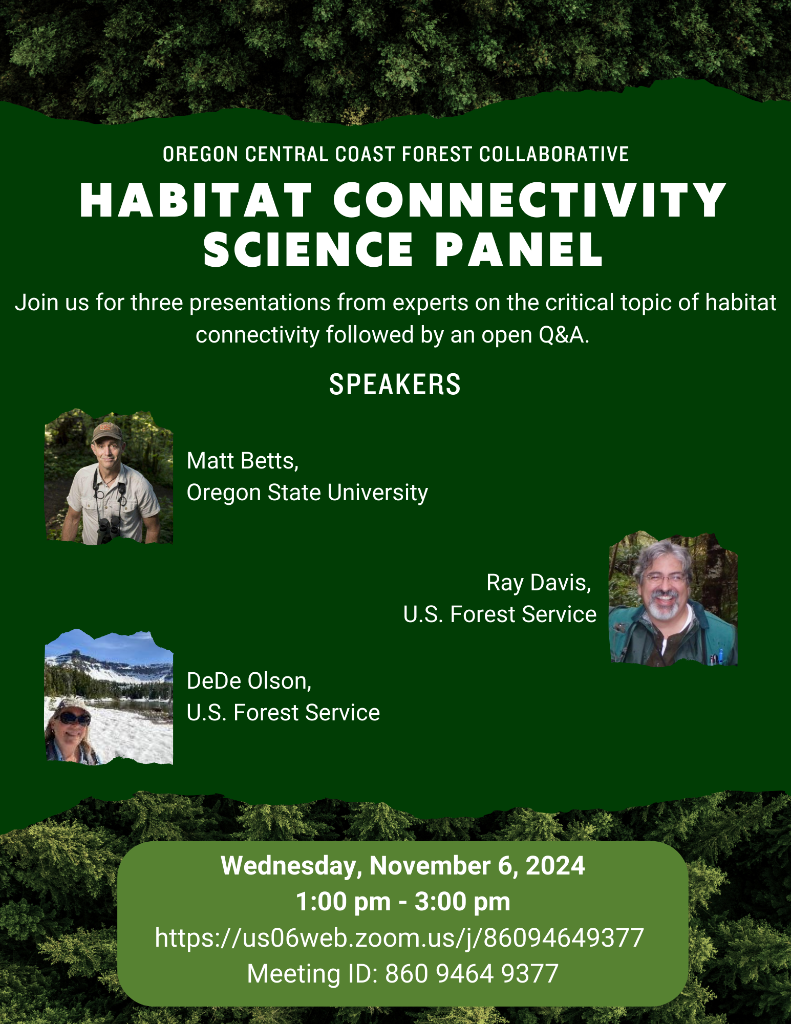 A flyer for a "Habitat Connectivity Science Panel" with information on the event, speakers, and a Zoom meeting link.