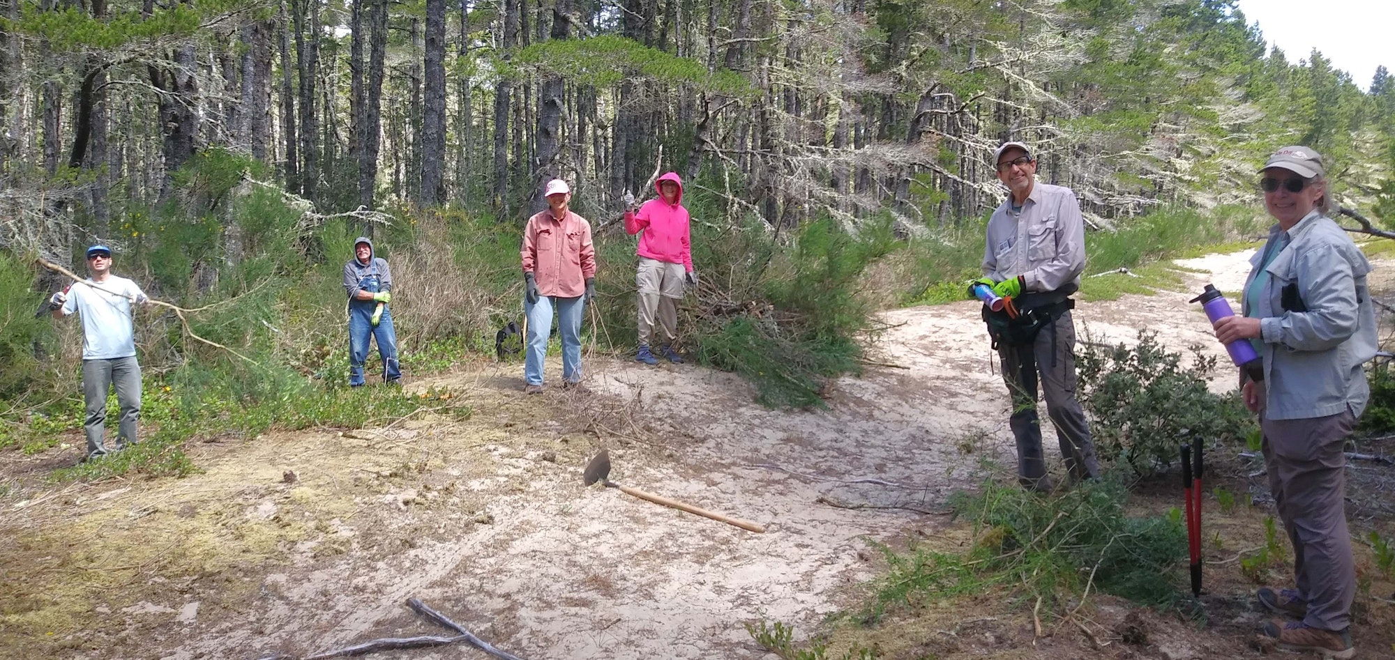 A group of six people in outdoor clothing stand on a forest trail, holding garden tools.