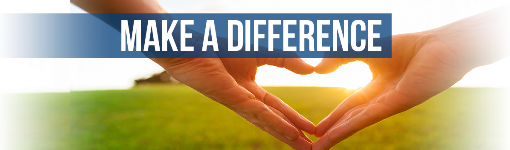 The image features hands forming a heart shape in front of a sunset, with the text "MAKE A DIFFERENCE" prominently displayed.
