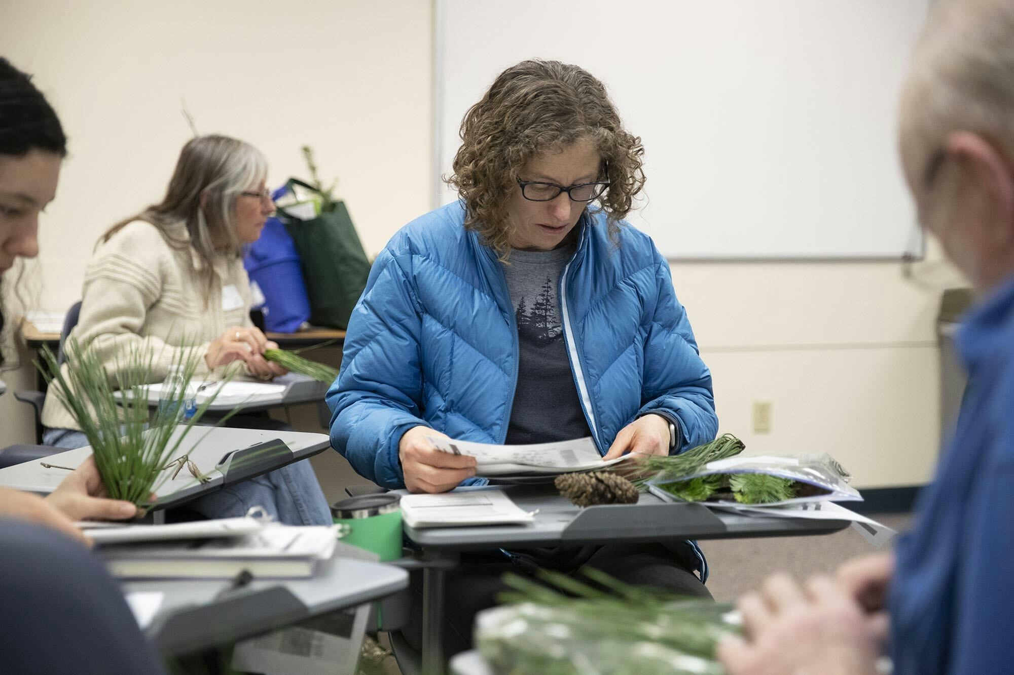 A group of people is studying and examining plant specimens in a classroom setting.