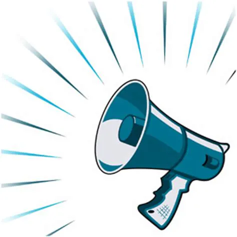 The image features a blue megaphone with sound waves radiating outward, symbolizing announcement or amplification of sound.