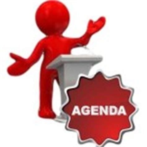 A red figure stands at a podium with a sign labeled "AGENDA," suggesting a presentation or discussion.