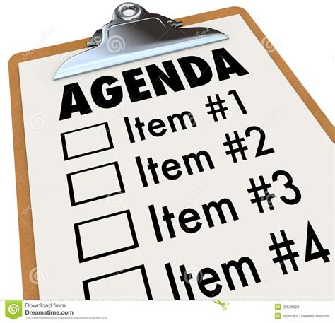 A clipboard with a list titled "AGENDA" featuring four items, each with a checkbox next to them.