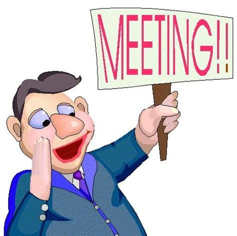 A cartoon character in a suit holds a sign that says "MEETING!!" and waves enthusiastically.