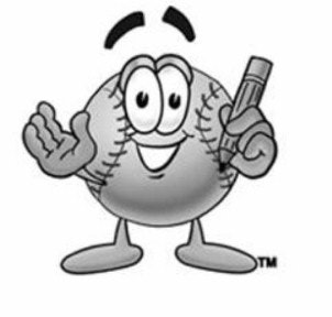 drawn image of a baseball with hands, pencil, eyes, mouth and eyebrows above the head of the baseball. Feet are on bottom of the ball..