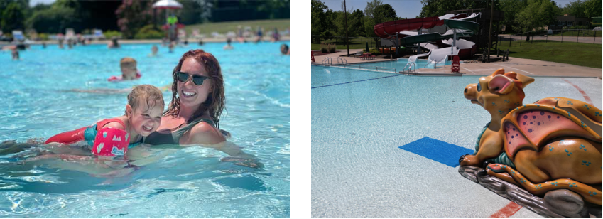 A sunny pool scene with a mother and child swimming, and a unique dragon slide near a pool area. Fun summer vibes!