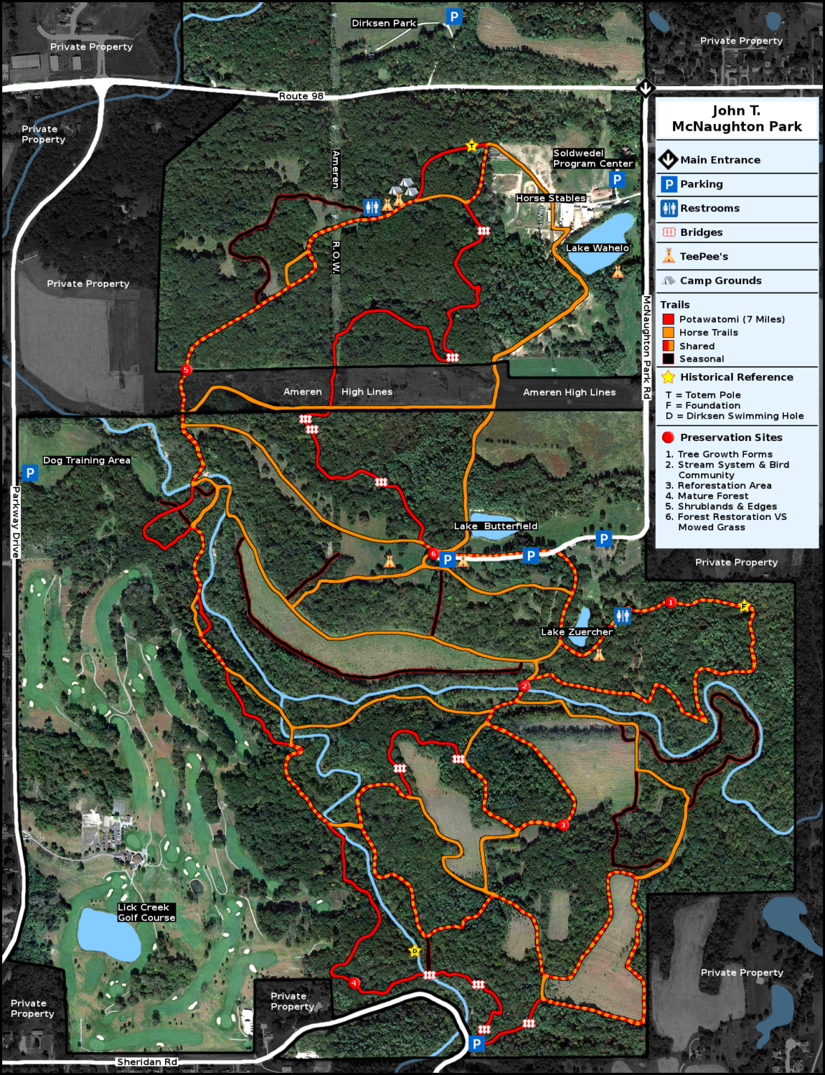 The image is a map of John T. McNaughton Park, showing trails, facilities, and nearby features like lakes and golf courses.