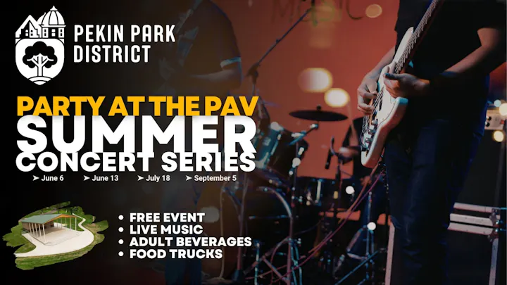 The image promotes a summer concert series by Pekin Park District with dates, free entry, live music, food trucks, and adult beverages.
