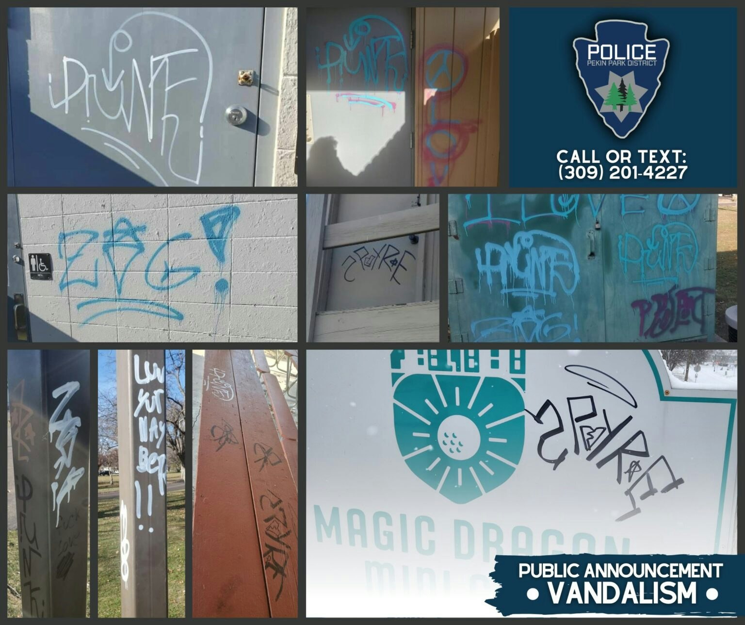The image features various instances of graffiti vandalism on buildings and signs, accompanied by a police announcement urging reporting.