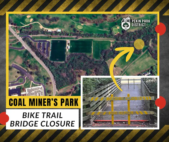 Coal Miner's Park bike trail bridge is closed for repairs, as shown in the aerial view and photo of the blocked bridge.
