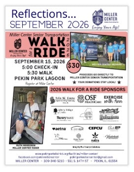 The image is an event flyer for the Miller Center's "Walk 2 Ride" on September 15, 2026, benefitting senior transportation.