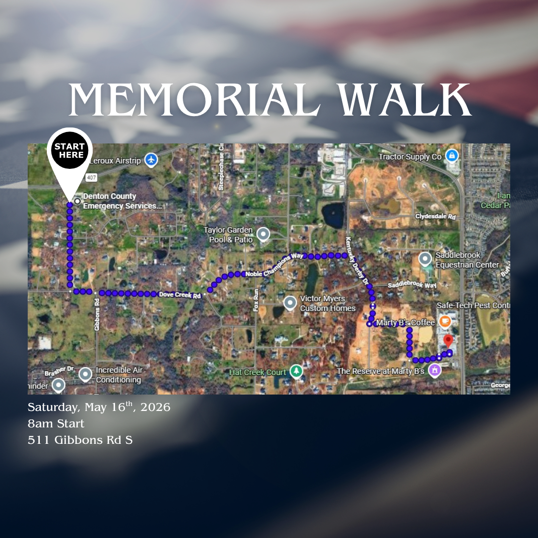 Map for a Memorial Walk on May 16, 2026, at 8 AM, starting at 511 Gibbons Rd S, with a marked route.
