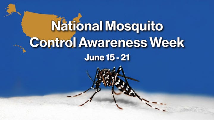National Mosquito Control Awareness Week, June 15-21, with a mosquito and map in the background.