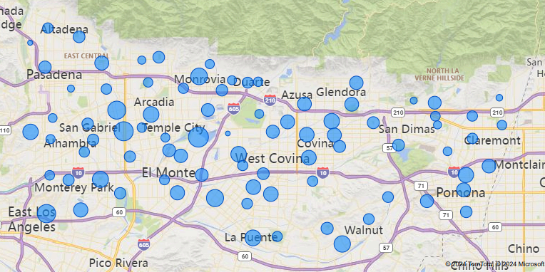 Map with blue markers near Los Angeles, likely indicating specific locations or data points across several cities.