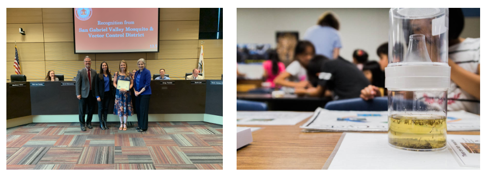 Left: Group receives a certificate in a meeting room. Right: Container with liquid and insects on a classroom desk.