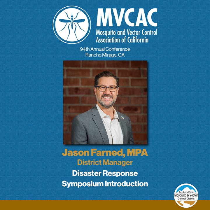 Image of Jason Farned, MPA, District Manager, introducing the Disaster Response symposium at the MVCA Conference in Rancho Mirage, CA.