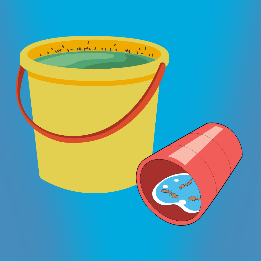 A yellow bucket with green contents and a spilled red cup with liquid and cartoon germs.