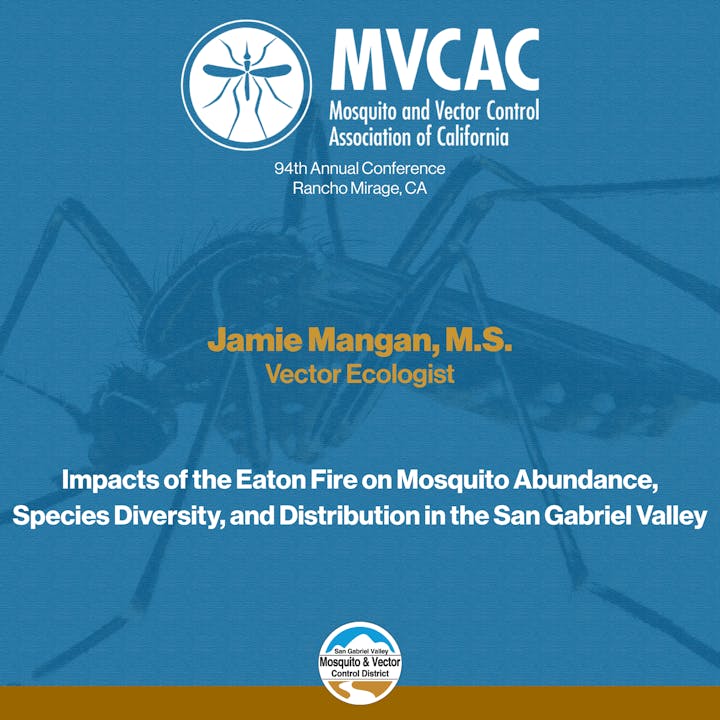 The image promotes the 94th Annual MVCAC Conference in Rancho Mirage, featuring Jamie Mangan discussing fire impacts on mosquito ecology.