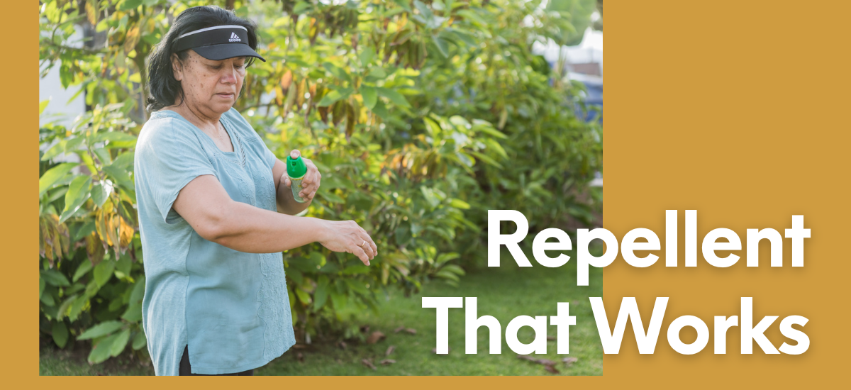 A woman applying insect repellent outdoors, surrounded by lush greenery. Text highlights its effectiveness.