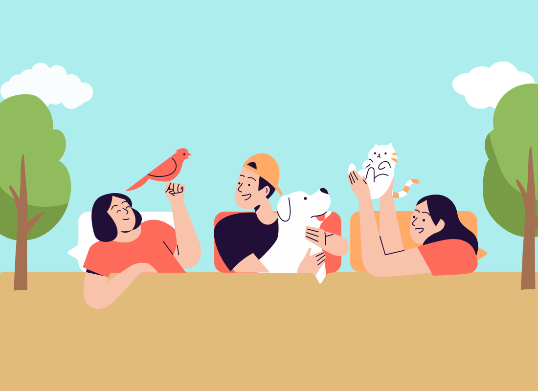A cheerful scene with three people enjoying time together, holding pets: a dog, a bird, and a cat, under a sunny sky.